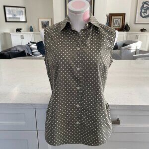 Eddie Bauer Sleeveless Polka Dot Cotton Button Down Shirt Green & Cream Sz M